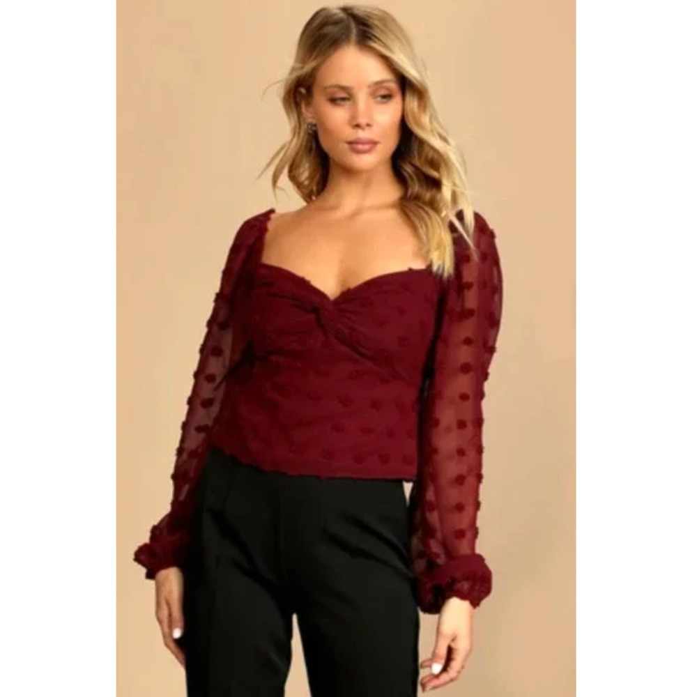 Lulu's Flawless Style Burgundy Swiss Dot Long Sleeve Blouse size large